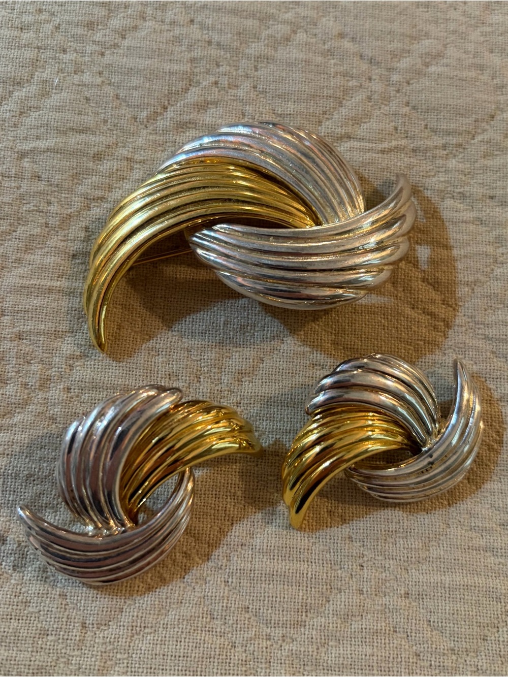Two-Tone Gold and Silver Swirl Brooch and Earring Set - Women Jewelry